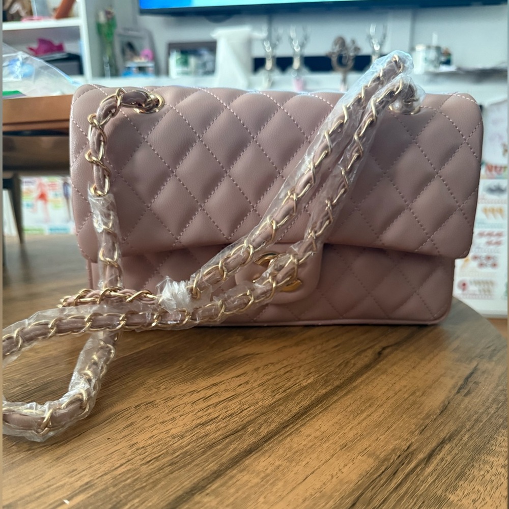 Blush Quilted Crossbody Bag with Gold Chain Strap